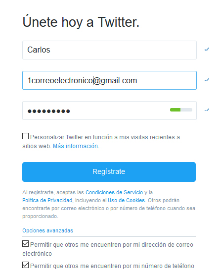 Twitter Formulario registro