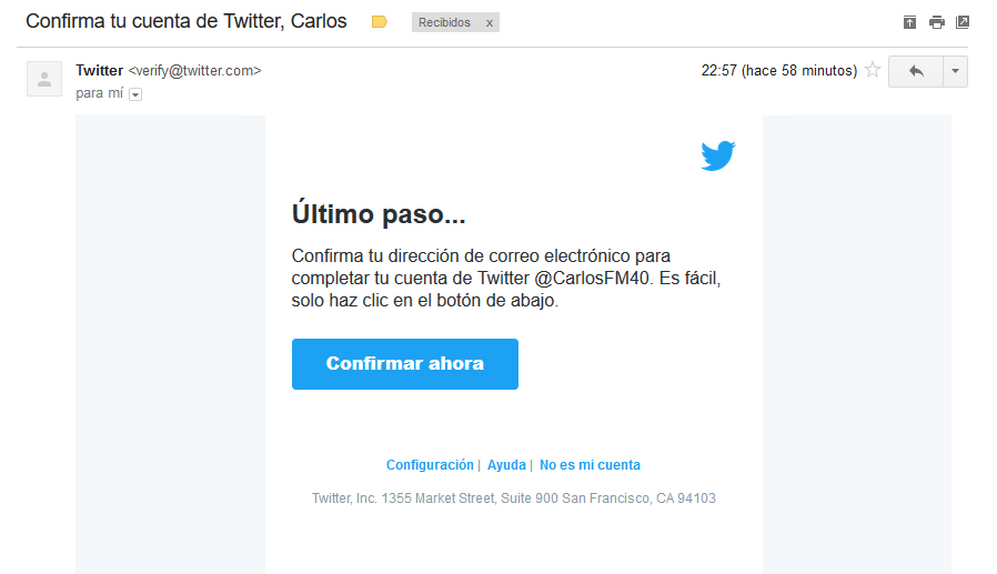 Twitter correo de confirmación
