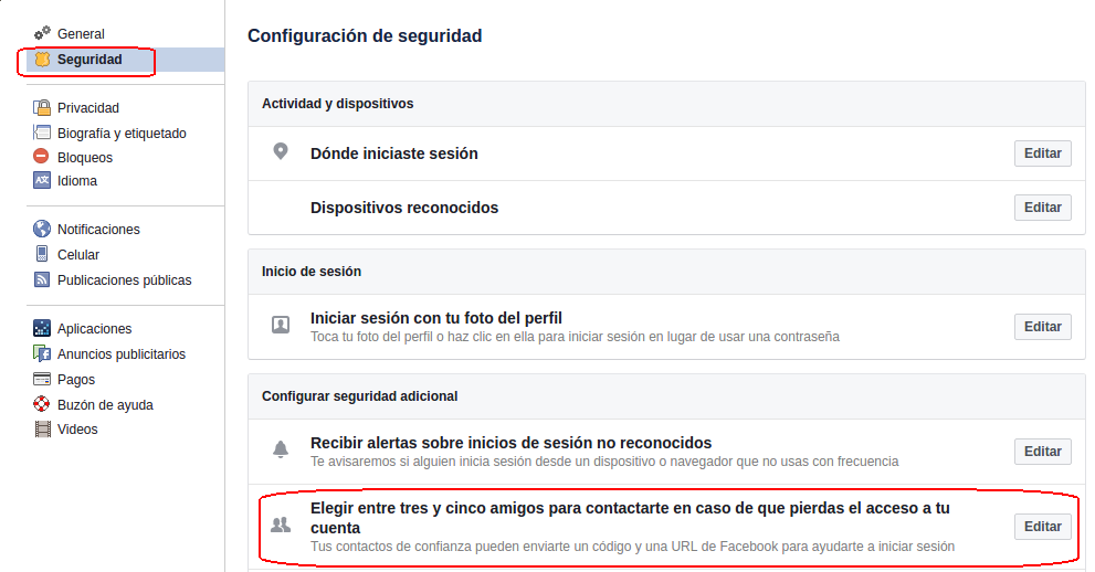 contactos de confianza de facebook