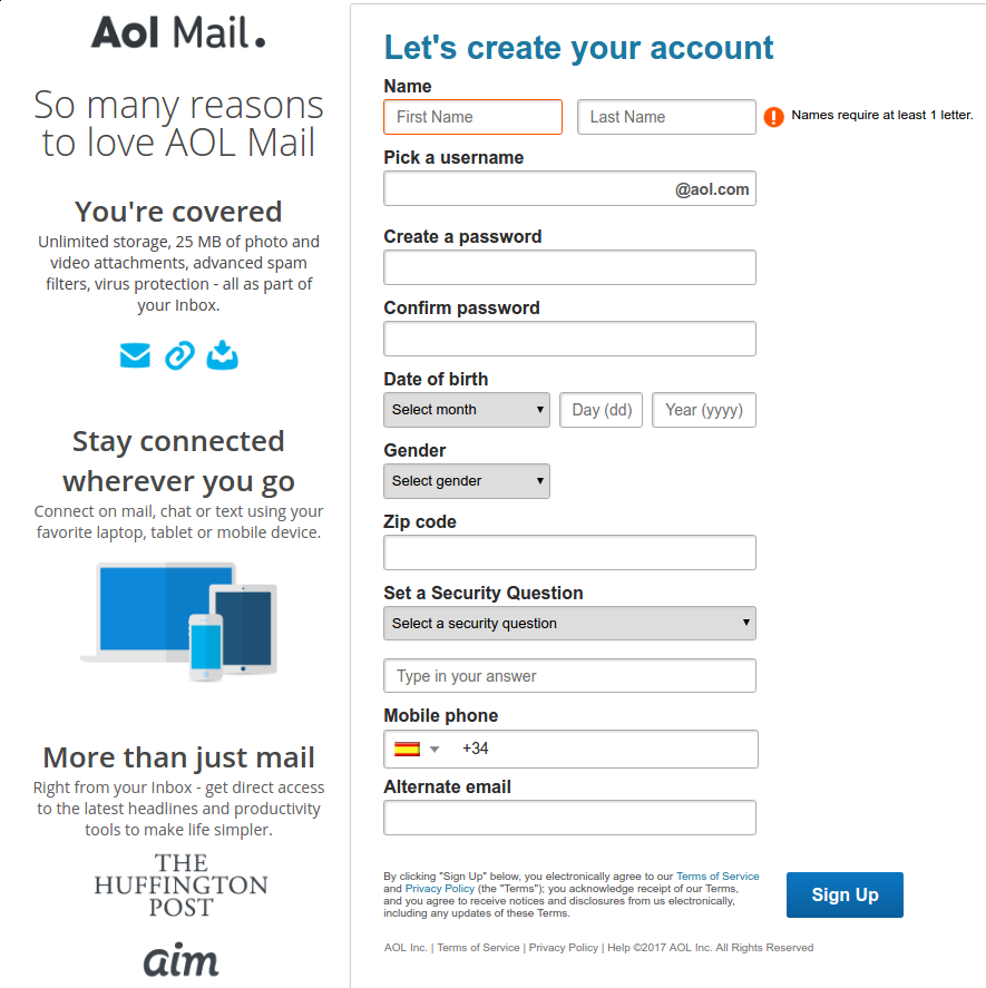 crear cuenta AOL Mail