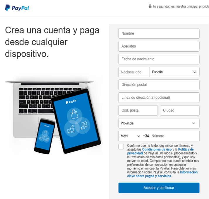 crear cuenta personal de PayPal