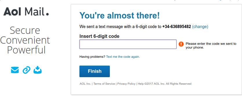 introducir código SMS de AOL