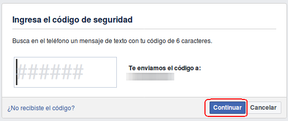 ingresar código de seguridad sms para Facebook