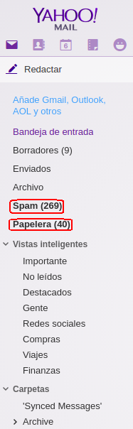 carpetas spam y papelera de Yahoo 