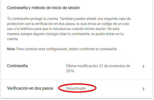 activar verificación en dos pasos