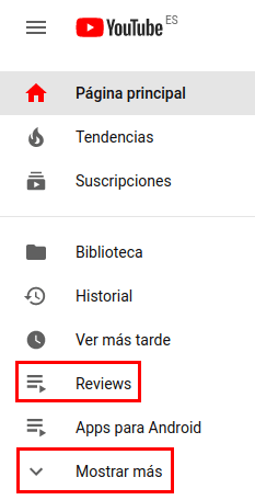 menú lateral de YouTube