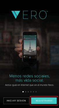 Pantalla de registro en la aplicación de Vero