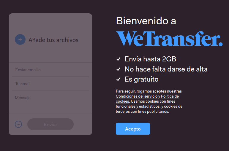 WeTransfer: pantalla de inicio