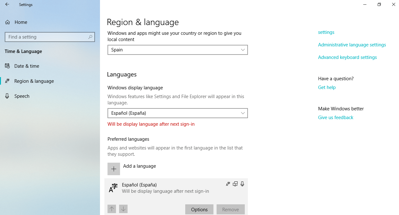 cambiar el idioma del teclado en Windows 10