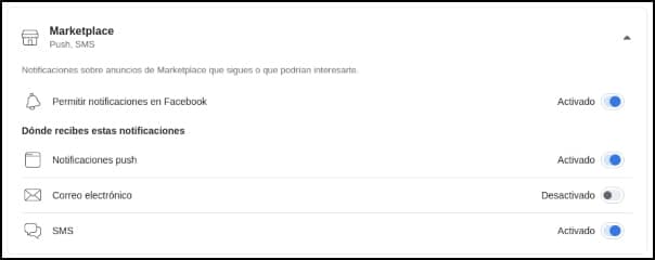 desactivar notificaciones Marketplace