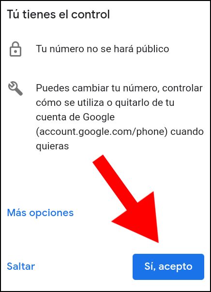 aceptar número de teléfono en cuenta de Google