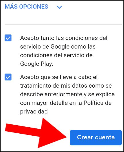 crear cuenta de Google con aceptación de condiciones