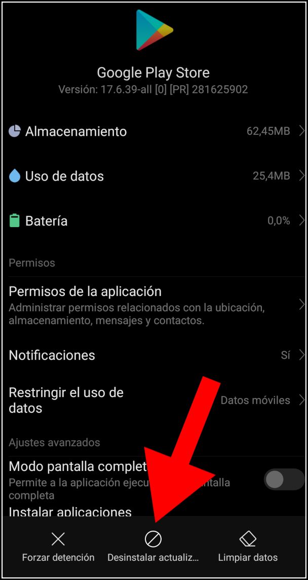 desinstalar actualizaciones de Play Store
