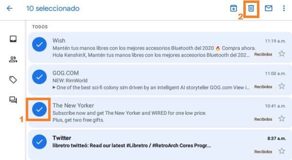 seleccionar mensaje Gmail desde el móvil