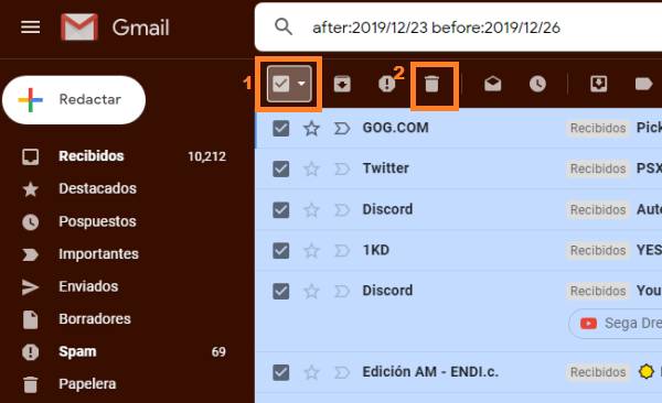 eliminar correos por fecha en Gmail
