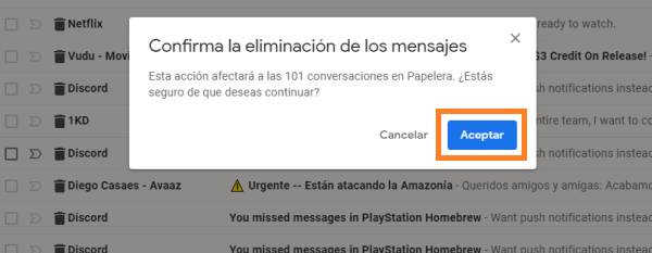 confirmar eliminación de mensajes Gmail