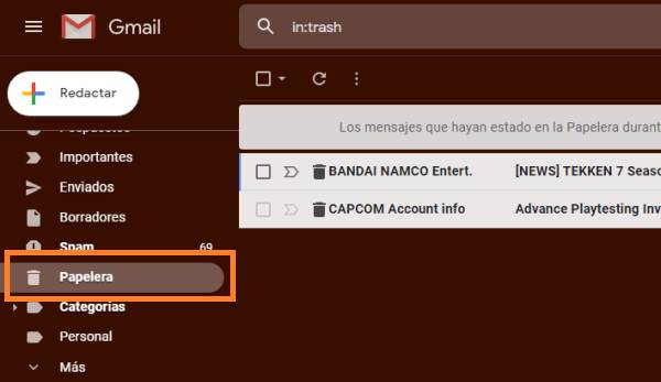 ir a papelera de Gmail