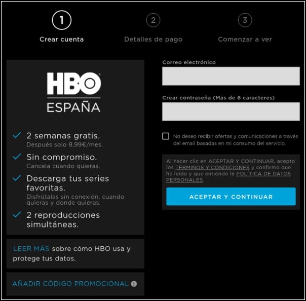 crear cuenta HBO