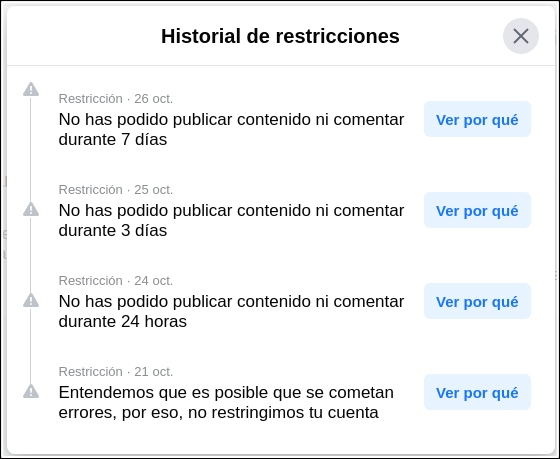 historial restricciones Facebook
