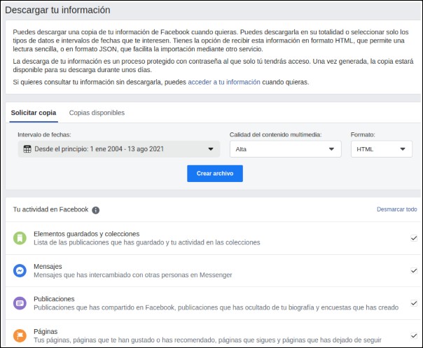 descargar información facebook