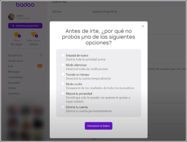 eliminar cuenta de Badoo para PC