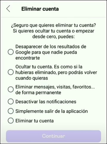 motivo eliminar cuenta badoo móvil