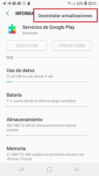 solucionar el error Google Play sigue deteniendose_Desinstalar las actualizaciones de Play Services